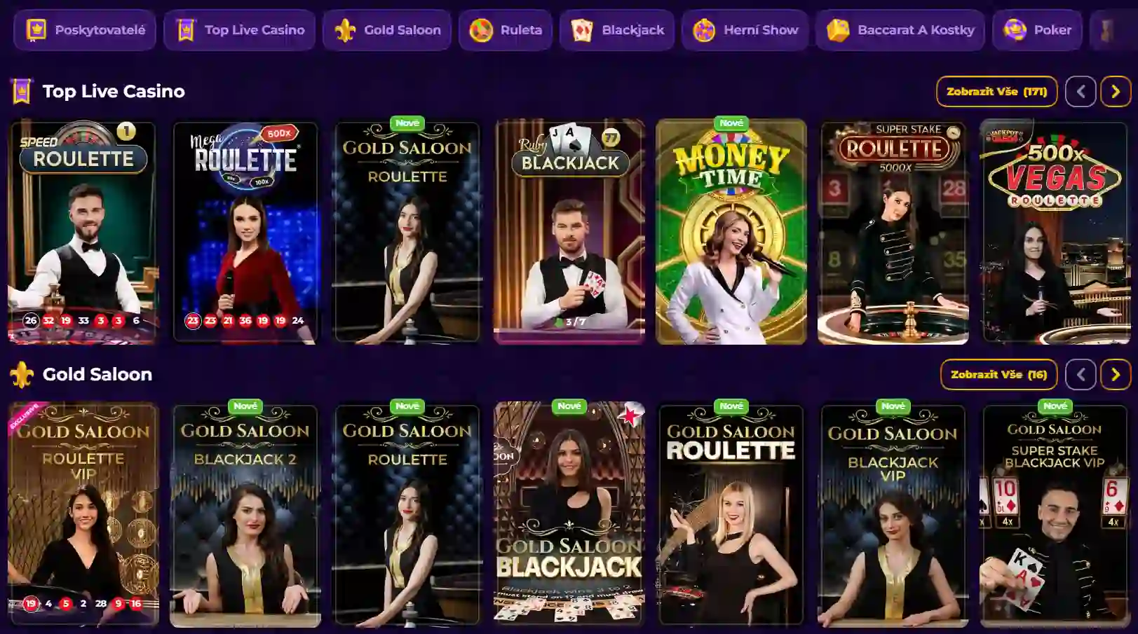 RoyalGame Live Casino lobby v češtině s kategoriemi ruleta, blackjack, herní show a poker