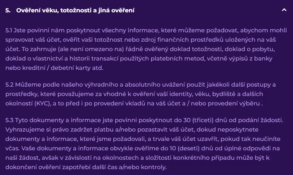 KYC sekce v aktuálních všeobecných podmínkách RoyalGame